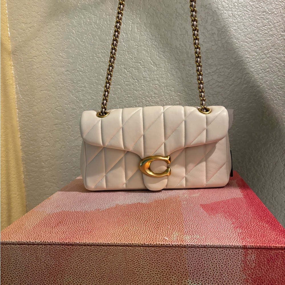 Coach Quilted Cream Shoulder Bag with Gold Chain